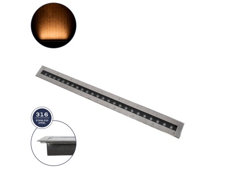 GLOBOSTAR® UNDERGROUND-REMVI 90194-Y Χωνευτή Μπάρα Φωτισμού Wall Washer LED 18W 1890lm 10° DC 24V Αδιάβροχο IP68 Ultra Θερμό Λευκό 2200K Dimmable - Bridgelux SMD Chip - Ανοξείδωτο Ατσάλι SS316 - Μ100 x Π9 x Υ7.2cm / Q98.2 x 7.6cm - 3 Χρόνια Εγγύηση