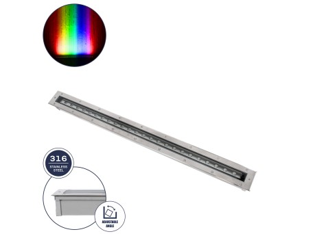 GloboStar® UNDERGROUND-PASSAGGIO 90197 Χωνευτό Φωτιστικό Wall Washer Δαπέδου LED 24W 2040lm 10° DC 24V Αδιάβροχο IP68 με Ρυθμιζόμενη Γωνία Φωτισμού L108 x W9 x H7.5cm RGBW DMX512 - Ανοξείδωτο Ατσάλι - 3 Years Warranty