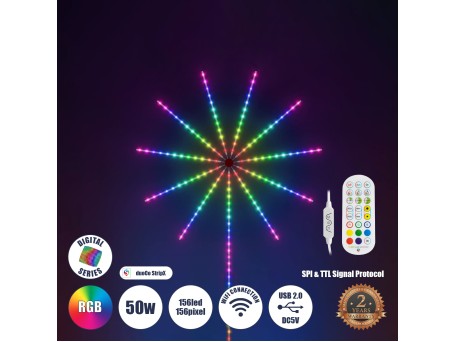 GLOBOSTAR® DIGIFRWORKS 90339 Σετ Ψηφιακής Pixel Addressable Ταινίας με RF Ασύρματο Χειριστήριο & Λειτουργία μέσω WiFi APP LED 50W 3000lm 120° DC 5V με USB 2.0 IP20 156 x SMD5050 Chip 156 x Pixel Πολύχρωμο RGB Dimmable SPI/TTL Protocol - Sanan SMD Chip - Μ