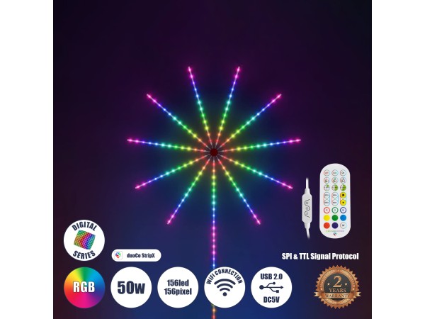 GLOBOSTAR® DIGIFRWORKS 90339 Σετ Ψηφιακής Pixel Addressable Ταινίας με RF Ασύρματο Χειριστήριο & Λειτουργία μέσω WiFi APP LED 50W 3000lm 120° DC 5V με USB 2.0 IP20 156 x SMD5050 Chip 156 x Pixel Πολύχρωμο RGB Dimmable SPI/TTL Protocol - Sanan SMD Chip - Μ