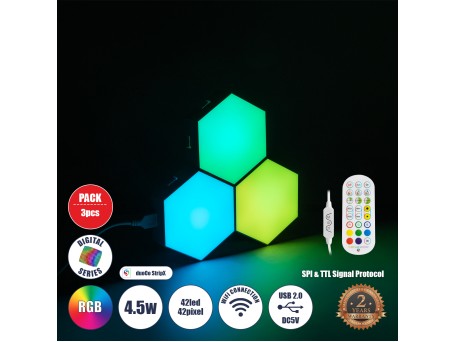 GloboStar® DIGIOCTA 90447 Σετ 3 Ψηφιακων LED RGB Φωτιστικών Κυψελών με Ψηφιακό Controller με WiFi Smart APP & Ασύρματο Χειριστήριο RF 2.4Ghz - LED SMD 5050 4.5W/Σετ 42PIXEL/Σετ 360lm/Σετ 120° DC 5V με USB 2.0 IP20 Πολύχρωμο RGB - Dimmable - Μ10.5 x Π10.5 