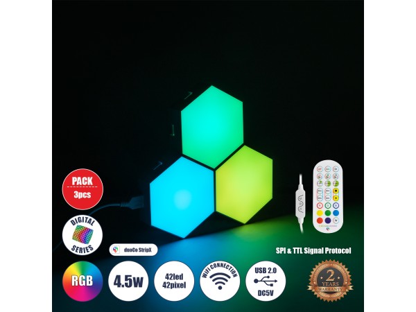 GloboStar® DIGIOCTA 90447 Σετ 3 Ψηφιακων LED RGB Φωτιστικών Κυψελών με Ψηφιακό Controller με WiFi Smart APP & Ασύρματο Χειριστήριο RF 2.4Ghz - LED SMD 5050 4.5W/Σετ 42PIXEL/Σετ 360lm/Σετ 120° DC 5V με USB 2.0 IP20 Πολύχρωμο RGB - Dimmable - Μ10.5 x Π10.5 