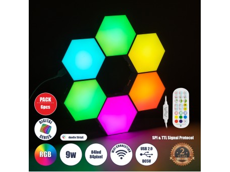 GloboStar® DIGIOCTA 90448 Σετ 6 Ψηφιακων LED RGB Φωτιστικών Κυψελών με Ψηφιακό Controller με WiFi Smart APP & Ασύρματο Χειριστήριο RF 2.4Ghz - LED SMD 5050 9W/Σετ 84PIXEL/Σετ 720lm/Σετ 120° DC 5V με USB 2.0 IP20 Πολύχρωμο RGB - Dimmable - Μ10.5 x Π10.5 x 