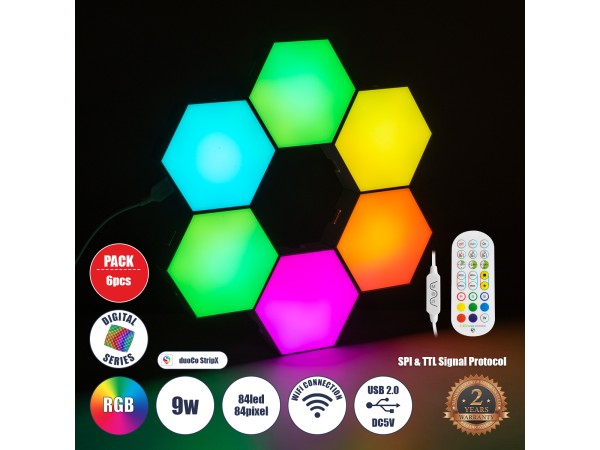 GloboStar® DIGIOCTA 90448 Σετ 6 Ψηφιακων LED RGB Φωτιστικών Κυψελών με Ψηφιακό Controller με WiFi Smart APP & Ασύρματο Χειριστήριο RF 2.4Ghz - LED SMD 5050 9W/Σετ 84PIXEL/Σετ 720lm/Σετ 120° DC 5V με USB 2.0 IP20 Πολύχρωμο RGB - Dimmable - Μ10.5 x Π10.5 x GloboStar® DIGIOCTA 90448 Σετ 6 Ψηφιακων LED RGB Φωτιστικών Κυψελών με Ψηφιακό Controller με WiFi Smart APP & Ασύρματο Χειριστήριο RF 2.4Ghz - LED SMD 5050 9W/Σετ 84PIXEL/Σετ 720lm/Σετ 120° DC 5V με USB 2.0 IP20 Πολύχρωμο RGB - Dimmable - Μ10.5 x Π10.5 x