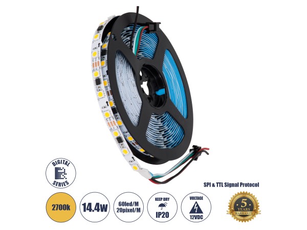 GLOBOSTAR® DIGIPRO 90588 Ψηφιακή Pixel Addressable Ταινία LED 14.4W/m 1296lm/m 120° DC 12V IP20 60 x SMD5050 Chip/m 20 x Pixel/m Θερμό Λευκό 2700K Dimmable SPI/TTL Protocol IC WS2811/UCS16703 - Sanan SMD Chip - Μ500 x Π1 x Υ0.2cm - Ρολό 5 Μέτρων - 5 Χρόνι