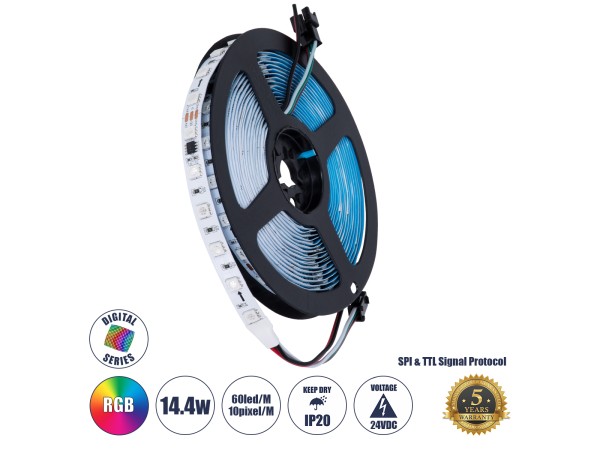 GLOBOSTAR® DIGIPRO 90596 Ψηφιακή Pixel Addressable Ταινία LED 14.4W/m 864lm/m 120° DC 24V IP20 60 x SMD5050 Chip/m 10 x Pixel/m Πολύχρωμο RGB Dimmable SPI/TTL Protocol IC WS2811/SM16703P - Sanan SMD Chip - Μ500 x Π1 x Υ0.2cm - Ρολό 5 Μέτρων - 5 Χρόνια Εγγ GLOBOSTAR® DIGIPRO 90596 Ψηφιακή Pixel Addressable Ταινία LED 14.4W/m 864lm/m 120° DC 24V IP20 60 x SMD5050 Chip/m 10 x Pixel/m Πολύχρωμο RGB Dimmable SPI/TTL Protocol IC WS2811/SM16703P - Sanan SMD Chip - Μ500 x Π1 x Υ0.2cm - Ρολό 5 Μέτρων - 5 Χρόνια Εγγ