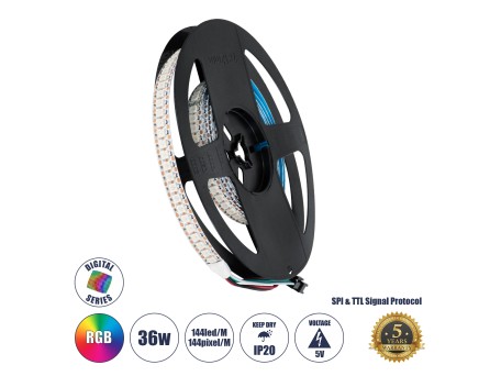 GLOBOSTAR® DIGIPRO 90597 Ψηφιακή Pixel Addressable Ταινία LED 36W/m 2160lm/m 120° DC 5V IP20 144 x SMD5050 Chip/m 144 x Pixel/m Πολύχρωμο RGB Dimmable SPI/TTL Protocol IC WS2812/SK6812 - Sanan SMD Chip - Μ200 x Π1.2 x Υ0.2cm - Ρολό 2 Μέτρων - 5 Χρόνια Εγγ