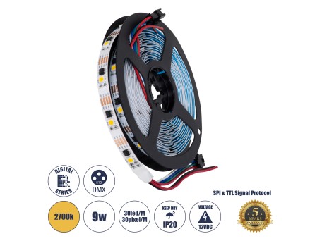 GLOBOSTAR® DIGIPRO 90598 Ψηφιακή Pixel Addressable Ταινία LED 9W/m 810lm/m 120° DC 12V IP20 30 x SMD5050 Chip/m 30 x Pixel/m Θερμό Λευκό 2700K Dimmable SPI/TTL Protocol IC TM1908 - Sanan SMD Chip - Μ500 x Π1 x Υ0.2cm - Ρολό 5 Μέτρων - 5 Χρόνια Εγγύηση