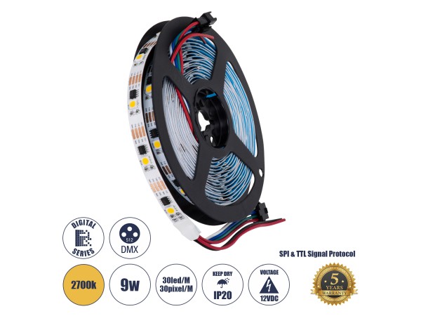 GLOBOSTAR® DIGIPRO 90598 Ψηφιακή Pixel Addressable Ταινία LED 9W/m 810lm/m 120° DC 12V IP20 30 x SMD5050 Chip/m 30 x Pixel/m Θερμό Λευκό 2700K Dimmable SPI/TTL Protocol IC TM1908 - Sanan SMD Chip - Μ500 x Π1 x Υ0.2cm - Ρολό 5 Μέτρων - 5 Χρόνια Εγγύηση GLOBOSTAR® DIGIPRO 90598 Ψηφιακή Pixel Addressable Ταινία LED 9W/m 810lm/m 120° DC 12V IP20 30 x SMD5050 Chip/m 30 x Pixel/m Θερμό Λευκό 2700K Dimmable SPI/TTL Protocol IC TM1908 - Sanan SMD Chip - Μ500 x Π1 x Υ0.2cm - Ρολό 5 Μέτρων - 5 Χρόνια Εγγύηση