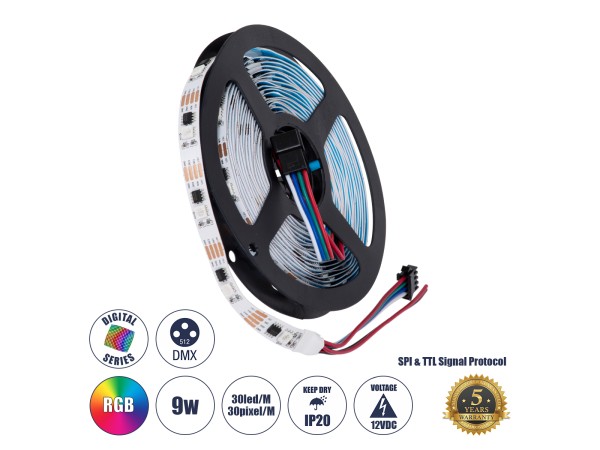 GLOBOSTAR® DIGIPRO 90599 Ψηφιακή Pixel Addressable Ταινία LED 9W/m 540lm/m 120° DC 12V IP20 30 x SMD5050 Chip/m 30 x Pixel/m RGB Dimmable SPI/TTL Protocol IC TM1908 - Sanan SMD Chip - Μ500 x Π1 x Υ0.2cm - Ρολό 5 Μέτρων - 5 Χρόνια Εγγύηση GLOBOSTAR® DIGIPRO 90599 Ψηφιακή Pixel Addressable Ταινία LED 9W/m 540lm/m 120° DC 12V IP20 30 x SMD5050 Chip/m 30 x Pixel/m RGB Dimmable SPI/TTL Protocol IC TM1908 - Sanan SMD Chip - Μ500 x Π1 x Υ0.2cm - Ρολό 5 Μέτρων - 5 Χρόνια Εγγύηση