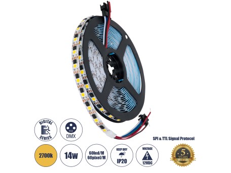 GLOBOSTAR® DIGIPRO 90603 Ψηφιακή Pixel Addressable Ταινία LED 14.4W/m 1296lm/m 120° DC 12V IP20 60 x SMD5050 Chip/m 60 x Pixel/m Θερμό Λευκό 2700K Dimmable SPI/TTL Protocol IC TM1908 - Sanan SMD Chip - Μ500 x Π1 x Υ0.2cm - Ρολό 5 Μέτρων - 5 Χρόνια Εγγύηση