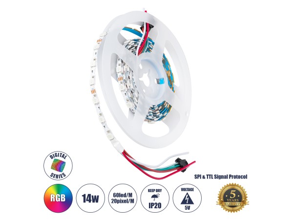 GLOBOSTAR® DIGIPRO 90606 Ψηφιακή Pixel Addressable Ταινία LED 14.4W/m 864lm/m 120° DC 5V IP20 60 x SMD5050 Chip/m 20 x Pixel/m Πολύχρωμο RGB Dimmable SPI/TTL Protocol IC WS2812/SK6812 - Sanan SMD Chip - Μ200 x Π0.6 x Υ0.2cm - Ρολό 2 Μέτρων - 5 Χρόνια Εγγύ