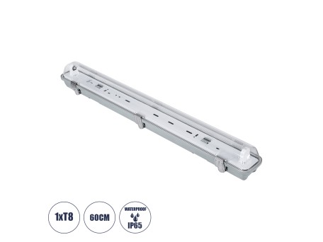 GLOBOSTAR® VIGAS 90610 Γραμμικό Βιομηχανικό Φωτιστικό Σκαφάκι Tri-Proof με Μεταλλικά Clips για 1 x Λάμπα T8 G13 60cm Τύπου Φθορίου LED Τροφοδοσίας Ενός Άκρου 120° AC 220-240V Αδιάβροχο IP65 - Γκρι με Διάφανο Κάλυμμα Πλαστικό PC - Μ66 x Π8 x Υ8cm