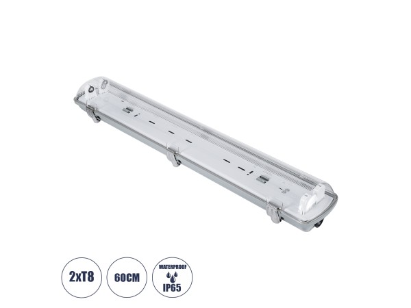 GLOBOSTAR® VIGAS 90611 Γραμμικό Βιομηχανικό Φωτιστικό Σκαφάκι Tri-Proof με Μεταλλικά Clips για 2 x Λάμπες T8 G13 60cm Τύπου Φθορίου LED Τροφοδοσίας Ενός Άκρου 120° AC 220-240V Αδιάβροχο IP65 - Γκρι με Διάφανο Κάλυμμα Πλαστικό PC - Μ66 x Π11.5 x Υ9cm