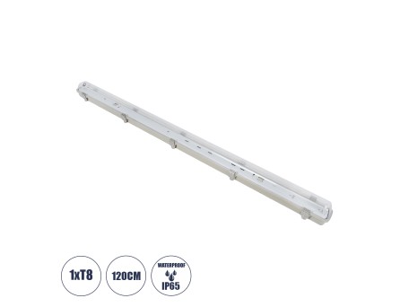 GLOBOSTAR® VIGAS 90612 Γραμμικό Βιομηχανικό Φωτιστικό Σκαφάκι Tri-Proof με Μεταλλικά Clips για 1 x Λάμπα T8 G13 120cm Τύπου Φθορίου LED Τροφοδοσίας Ενός Άκρου 120° AC 220-240V Αδιάβροχο IP65 - Γκρι με Διάφανο Κάλυμμα Πλαστικό PC - Μ126 x Π8 x Υ8.5cm