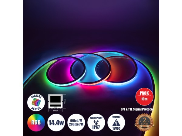 GLOBOSTAR® NEONIO-A 90753 Ψηφιακή Pixel Addressable Ταινία Neon Flex LED 14.4W/m 864lm/m 90° DC 12V Αδιάβροχο IP65 60 x SMD5050 Chip/m 20 x Pixel/m Πολύχρωμο RGB Dimmable SPI/TTL Protocol IC SM16703P/WS2811/WS2812 - Sanan SMD Chip - Μ1000 x Π1.4 x Υ1.4cm 