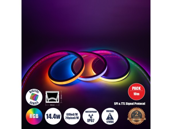 GLOBOSTAR® NEONIO-B 90754 Ψηφιακή Pixel Addressable Ταινία Neon Flex LED 14.4W/m 864lm/m 90° DC 12V Αδιάβροχο IP65 60 x SMD5050 Chip/m 20 x Pixel/m Πολύχρωμο RGB Dimmable SPI/TTL Protocol IC SM16703P/WS2811/WS2812 - Sanan SMD Chip - Μ1000 x Π3 x Υ2cm - Ρο