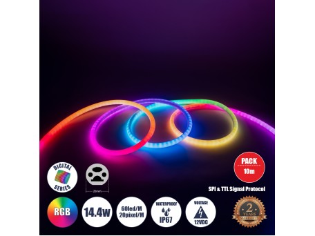 GLOBOSTAR® NEONIO-D 90756 Ψηφιακή Pixel Addressable Ταινία Neon Flex LED 14.4W/m 864lm/m 360° DC 12V Αδιάβροχο IP65 60 x SMD5050 Chip/m 20 x Pixel/m Πολύχρωμο RGB Dimmable SPI/TTL Protocol IC SM16703P/WS2811/WS2812 - Sanan SMD Chip - Μ1000 x Π2 x Υ2cm - Ρ