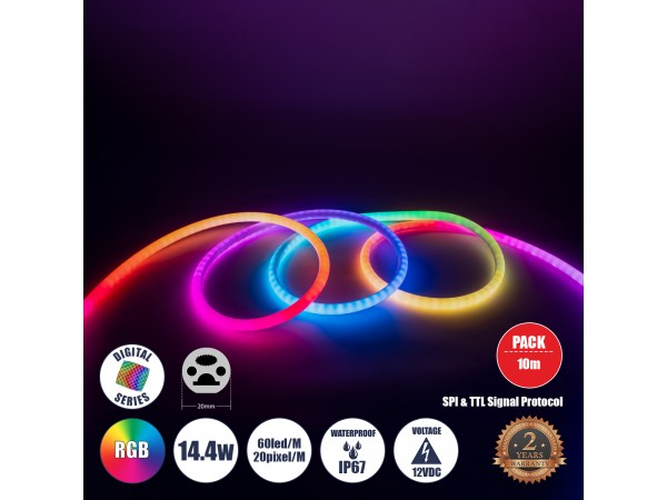 GLOBOSTAR® NEONIO-D 90756 Ψηφιακή Pixel Addressable Ταινία Neon Flex LED 14.4W/m 864lm/m 360° DC 12V Αδιάβροχο IP65 60 x SMD5050 Chip/m 20 x Pixel/m Πολύχρωμο RGB Dimmable SPI/TTL Protocol IC SM16703P/WS2811/WS2812 - Sanan SMD Chip - Μ1000 x Π2 x Υ2cm - Ρ