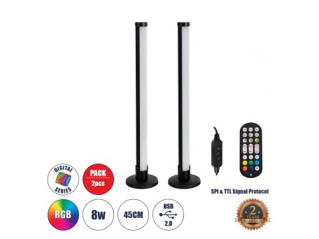 GLOBOSTAR® DIGICOLUMN 90760 Μοντέρνο Επιτραπέζιο Φωτιστικό LED 16W 1280lm 180° DC 5V IP20 RGB Dimmable - Lumileds SMD Chip - Μαύρο - Μ3 x Π3 x Υ45cm - Σετ 2 Τεμαχίων - 2 Χρόνια Εγγύηση