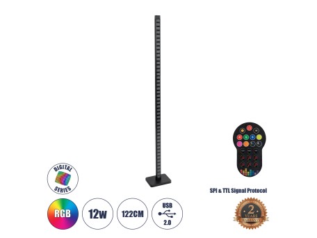 GLOBOSTAR® DIGICOLUMN 90762 Μοντέρνο Επιδαπέδιο Γραμμικό Ψηφιακό Φωτιστικό Digital Pixel Symphony Bar με RF Ασύρματο Χειριστήριο LED 12W 960lm 90° DC 5V με USB 2.0 IP20 Πολύχρωμο RGB Dimmable - Μαύρο - Μ3.4 x Π2.5 x Υ122cm - 2 Χρόνια Εγγύηση