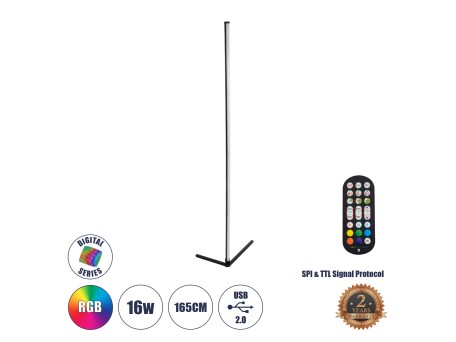 GLOBOSTAR® DIGICOLUMN 90763 Μοντέρνο Επιδαπέδιο Γραμμικό Ψηφιακό Φωτιστικό Digital Pixel Symphony Bar με RF Ασύρματο Χειριστήριο LED 16W 1280lm 180° DC 5V με USB 2.0 IP20 Πολύχρωμο RGB Dimmable - Μαύρο - Φ3 x Υ165cm - 2 Χρόνια Εγγύηση