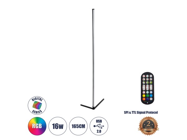 GLOBOSTAR® DIGICOLUMN 90763 Μοντέρνο Επιδαπέδιο Γραμμικό Ψηφιακό Φωτιστικό Digital Pixel Symphony Bar με RF Ασύρματο Χειριστήριο LED 16W 1280lm 180° DC 5V με USB 2.0 IP20 Πολύχρωμο RGB Dimmable - Μαύρο - Φ3 x Υ165cm - 2 Χρόνια Εγγύηση