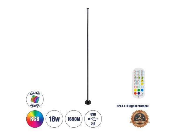 GLOBOSTAR® DIGICOLUMN 90764 Μοντέρνο Επιδαπέδιο Γραμμικό Ψηφιακό Φωτιστικό Digital Pixel Symphony Bar με RF Ασύρματο Χειριστήριο LED 16W 1280lm 180° DC 5V με USB 2.0 IP20 Πολύχρωμο RGB Dimmable - Μαύρο - Φ3 x Υ165cm - 2 Χρόνια Εγγύηση