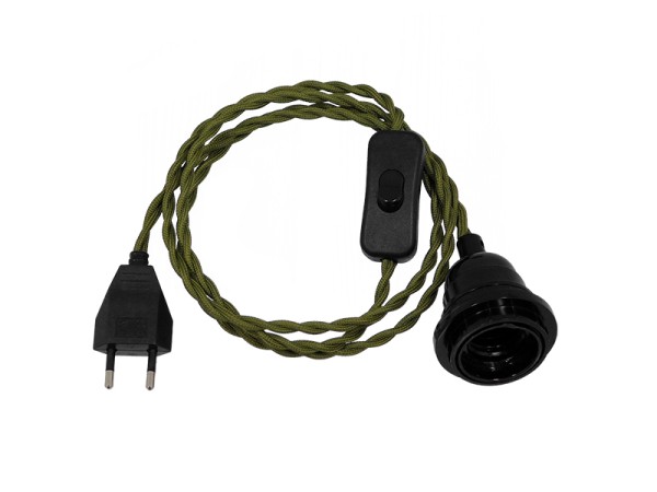 GLOBOSTAR® WHIP 91031 Μοντέρνο DIY Φωτιστικό με Πλεκτό Καλώδιο, Ντουί 1 x E27, Διακόπτη On/Off & Πρίζα AC 220-240V IP20 - Χακί & Μαύρο - Μ150 x Π5.8 x Υ5.8cm