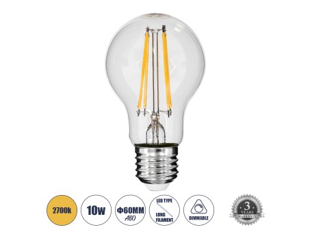 GLOBOSTAR® GLOBE 99008 Λάμπα E27 A60 LED 10W 1000lm 360° AC 220-240V IP20 Θερμό Λευκό 2700K Dimmable - Long Filament Chip - Διάφανο - Μ6 x Π6 x Υ10.5cm - 3 Χρόνια Εγγύηση