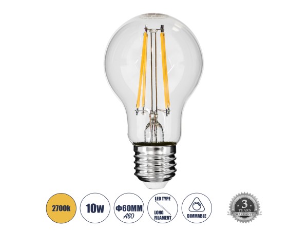 GLOBOSTAR® GLOBE 99008 Λάμπα E27 A60 LED 10W 1000lm 360° AC 220-240V IP20 Θερμό Λευκό 2700K Dimmable - Long Filament Chip - Διάφανο - Μ6 x Π6 x Υ10.5cm - 3 Χρόνια Εγγύηση