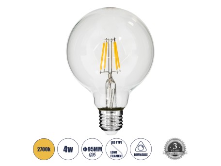 GLOBOSTAR® BUBBLE 99009 Λάμπα E27 G95 LED 4W 400lm 360° AC 220-240V IP20 Θερμό Λευκό 2700K - Long Filament Chip - Διάφανο - Μ9.5 x Π9.5 x Υ13.7cm - 3 Χρόνια Εγγύηση