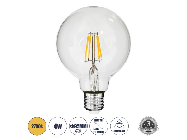 GLOBOSTAR® BUBBLE 99009 Λάμπα E27 G95 LED 4W 400lm 360° AC 220-240V IP20 Θερμό Λευκό 2700K - Long Filament Chip - Διάφανο - Μ9.5 x Π9.5 x Υ13.7cm - 3 Χρόνια Εγγύηση