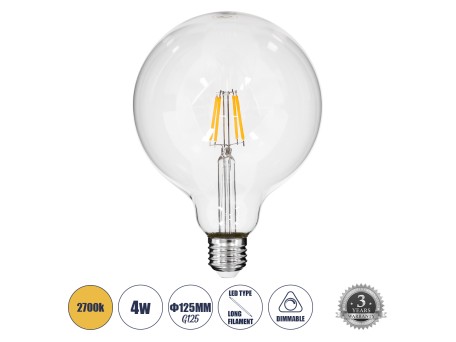 GLOBOSTAR® BUBBLE 99012 Λάμπα E27 G125 LED 4W 400lm 360° AC 220-240V IP20 Θερμό Λευκό 2700K Dimmable - Long Filament Chip - Διάφανο - Μ12.5 x Π12.5 x Υ18cm - 3 Χρόνια Εγγύηση