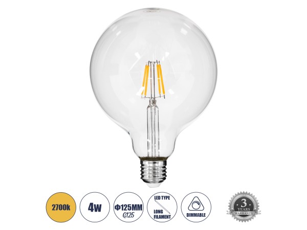 GLOBOSTAR® BUBBLE 99012 Λάμπα E27 G125 LED 4W 400lm 360° AC 220-240V IP20 Θερμό Λευκό 2700K Dimmable - Long Filament Chip - Διάφανο - Μ12.5 x Π12.5 x Υ18cm - 3 Χρόνια Εγγύηση GLOBOSTAR® BUBBLE 99012 Λάμπα E27 G125 LED 4W 400lm 360° AC 220-240V IP20 Θερμό Λευκό 2700K Dimmable - Long Filament Chip - Διάφανο - Μ12.5 x Π12.5 x Υ18cm - 3 Χρόνια Εγγύηση