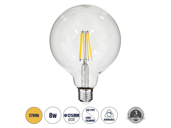 GLOBOSTAR® BUBBLE 99013 Λάμπα E27 G125 LED 8W 800lm 360° AC 220-240V IP20 Θερμό Λευκό 2700K Dimmable - Long Filament Chip - Διάφανο - Μ12.5 x Π12.5 x Υ18cm - 3 Χρόνια Εγγύηση