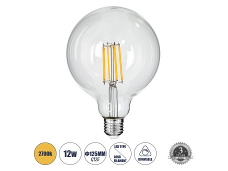 GLOBOSTAR® BUBBLE 99014 Λάμπα E27 G125 LED 12W 1200lm 360° AC 220-240V IP20 Θερμό Λευκό 2700K Dimmable - Long Filament Chip - Διάφανο - Μ12.5 x Π12.5 x Υ18cm - 3 Χρόνια Εγγύηση