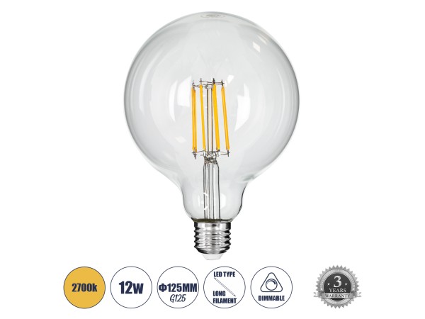 GLOBOSTAR® BUBBLE 99014 Λάμπα E27 G125 LED 12W 1200lm 360° AC 220-240V IP20 Θερμό Λευκό 2700K Dimmable - Long Filament Chip - Διάφανο - Μ12.5 x Π12.5 x Υ18cm - 3 Χρόνια Εγγύηση
