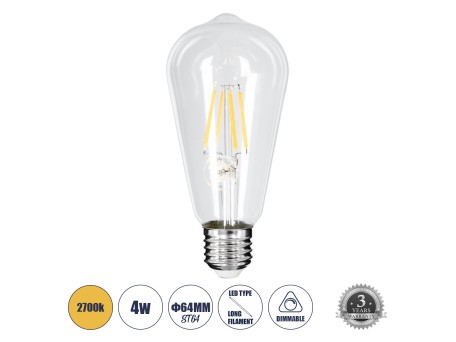 GLOBOSTAR® PEAR 99015 Λάμπα E27 ST64 LED 4W 400lm 360° AC 220-240V IP20 Θερμό Λευκό 2700K Dimmable - Long Filament Chip - Διάφανο - Μ6.4 x Π6.4 x Υ14cm - 3 Χρόνια Εγγύηση
