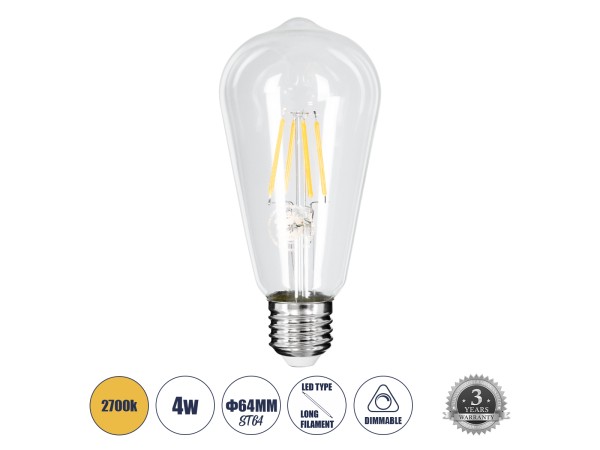 GLOBOSTAR® PEAR 99015 Λάμπα E27 ST64 LED 4W 400lm 360° AC 220-240V IP20 Θερμό Λευκό 2700K Dimmable - Long Filament Chip - Διάφανο - Μ6.4 x Π6.4 x Υ14cm - 3 Χρόνια Εγγύηση