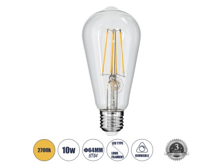 GLOBOSTAR® PEAR 99017 Λάμπα E27 ST64 LED 10W 1000lm 360° AC 220-240V IP20 Θερμό Λευκό 2700K Dimmable - Long Filament Chip - Διάφανο - Μ6.4 x Π6.4 x Υ14cm - 3 Χρόνια Εγγύηση
