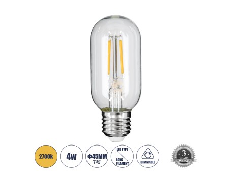 GLOBOSTAR® TUBIS 99018 Λάμπα Σωλήνας E27 T45 LED 4W 400lm 360° AC 220-240V IP20 Θερμό Λευκό 2700K Dimmable - Long Filament Chip - Διάφανο - Μ4.5 x Π4.5 x Υ11cm - 3 Χρόνια Εγγύηση
