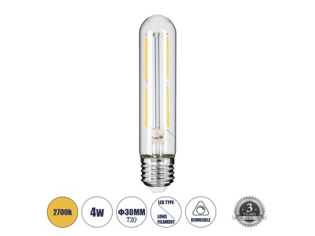 GLOBOSTAR® TUBIS 99019 Λάμπα Σωλήνας E27 T30 LED 4W 400lm 360° AC 220-240V IP20 Θερμό Λευκό 2700K Dimmable - Long Filament Chip - Διάφανο - Μ3 x Π3 x Υ13.5cm - 3 Χρόνια Εγγύηση