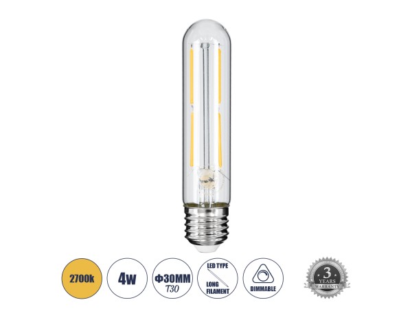 GLOBOSTAR® TUBIS 99019 Λάμπα Σωλήνας E27 T30 LED 4W 400lm 360° AC 220-240V IP20 Θερμό Λευκό 2700K Dimmable - Long Filament Chip - Διάφανο - Μ3 x Π3 x Υ13.5cm - 3 Χρόνια Εγγύηση