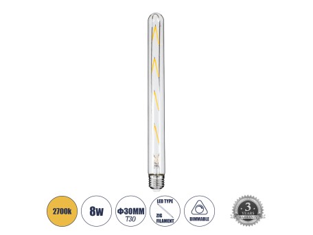 GLOBOSTAR® TUBIS 99020 Λάμπα Σωλήνας E27 T30 LED 8W 800lm 360° AC 220-240V IP20 Θερμό Λευκό 2700K Dimmable - Long Filament Chip - Διάφανο - Μ3 x Π3 x Υ30cm - 3 Χρόνια Εγγύηση