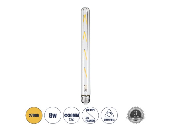 GLOBOSTAR® TUBIS 99020 Λάμπα Σωλήνας E27 T30 LED 8W 800lm 360° AC 220-240V IP20 Θερμό Λευκό 2700K Dimmable - Long Filament Chip - Διάφανο - Μ3 x Π3 x Υ30cm - 3 Χρόνια Εγγύηση
