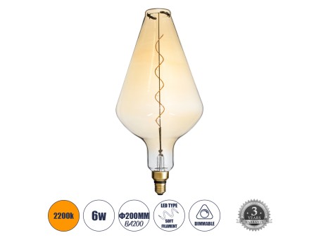 GLOBOSTAR® ROCKET 99022 Λάμπα E27 BA200 LED 6W 420lm 360° AC 220-240V IP20 Ultra Θερμό Λευκό 2200K Dimmable - Soft S Spiral Filament Chip - Μελί - Μ20 x Π20 x Υ41.5cm - 3 Χρόνια Εγγύηση