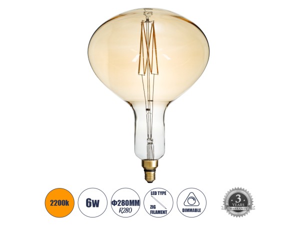 GLOBOSTAR® BUTTERNUT 99027 Λάμπα E27 R280 LED 6W 420lm 360° AC 220-240V IP20 Ultra Θερμό Λευκό 2200K Dimmable - Zig Long Filament Chip - Μελί - Μ28 x Π28 x Υ41cm - 3 Χρόνια Εγγύηση