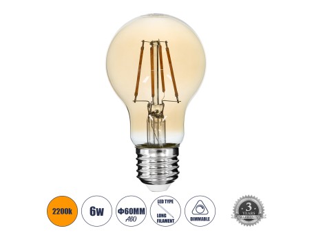 GLOBOSTAR® GLOBE 99036 Λάμπα E27 A60 LED 6W 550lm 360° AC 220-240V IP20 Ultra Θερμό Λευκό 2200K Dimmable - Long Filament Chip - Μελί - Μ6 x Π6 x Υ10.5cm - 3 Χρόνια Εγγύηση