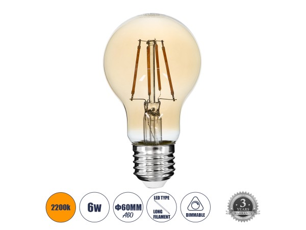 GLOBOSTAR® GLOBE 99036 Λάμπα E27 A60 LED 6W 550lm 360° AC 220-240V IP20 Ultra Θερμό Λευκό 2200K Dimmable - Long Filament Chip - Μελί - Μ6 x Π6 x Υ10.5cm - 3 Χρόνια Εγγύηση GLOBOSTAR® GLOBE 99036 Λάμπα E27 A60 LED 6W 550lm 360° AC 220-240V IP20 Ultra Θερμό Λευκό 2200K Dimmable - Long Filament Chip - Μελί - Μ6 x Π6 x Υ10.5cm - 3 Χρόνια Εγγύηση
